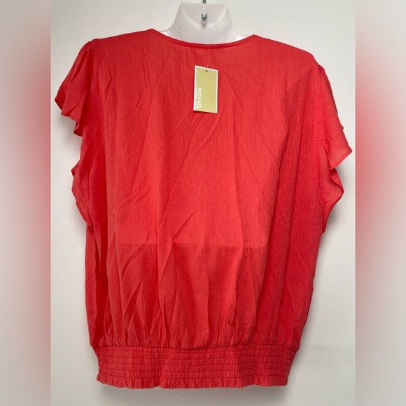 MK Michael Kors Orange Top Flutter Sleeves Smocked hips Women sz Large - Picture 3 of 8